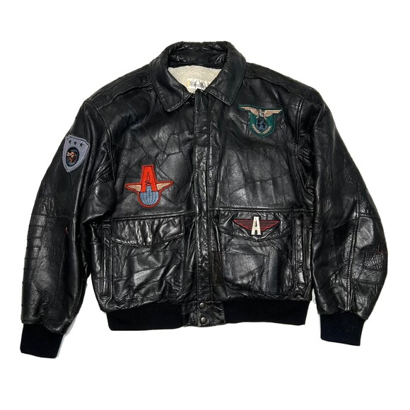 Vintage Glenwood Mens Leather Flight Bomber Jacket Size 44 Patches - Picture 1 of 11
